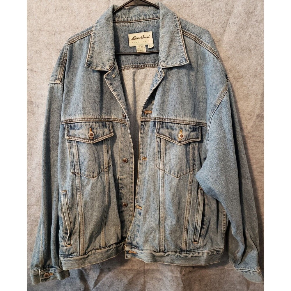 ACID WASHED Y2K Denim Jacket Eddie Bauer Men XXL Cotton Dungaree 4 Pocket HEAVY